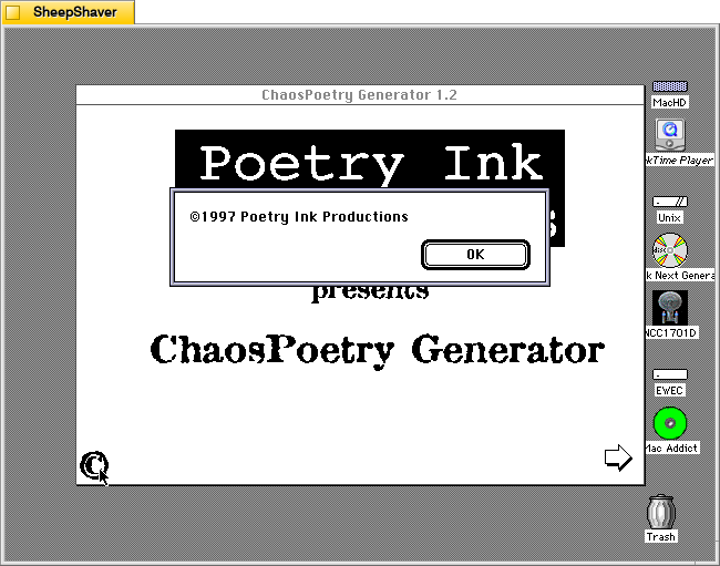 ChaosPoetry Generator 1.2 copyright window on Macintosh System 7.5.5 system emulated in SheepShaver.