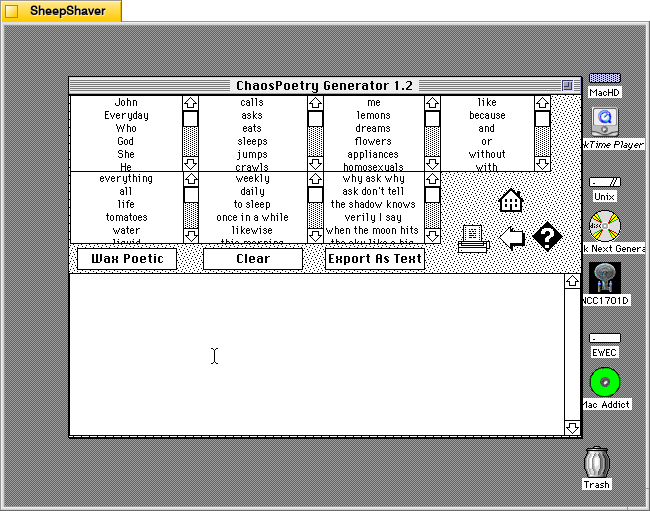 ChaosPoetry Generator 1.2 generating text window on Macintosh System 7.5.5 system emulated in SheepShaver.