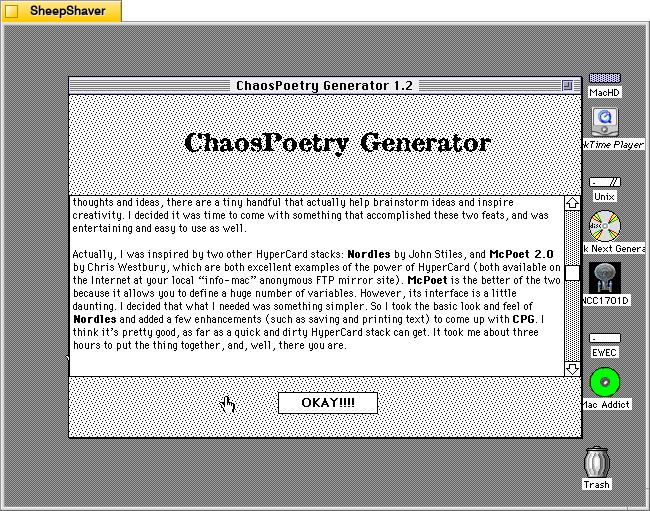 ChaosPoetry Generator 1.2 about window window on Macintosh System 7.5.5 system emulated in SheepShaver.