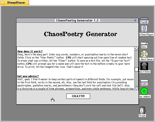 ChaosPoetry Generator 1.2 about window window on Macintosh System 7.5.5 system emulated in SheepShaver.