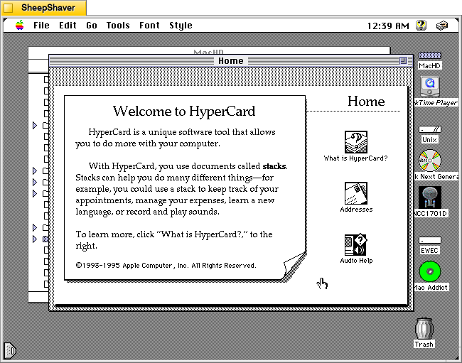 Hypercard Player home screen on Macintosh System 7.5.5 system emulated in SheepShaver.