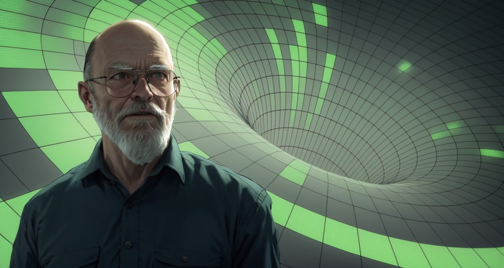 Illustration of Vernor Vinge standing in front of a wireframe singularity. Image created with Stable Diffusion.