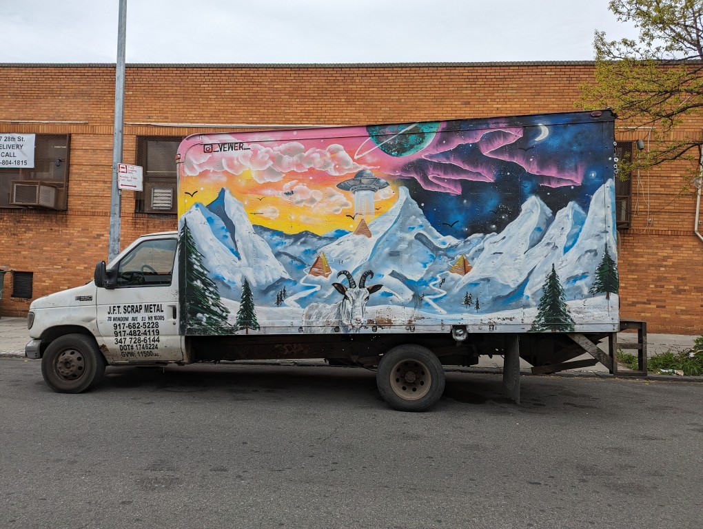 JFT Scrap Metal Box Truck street art on driver side, Brooklyn, New York