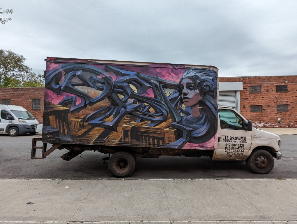 JFT Scrap Metal Box Truck street art on passenger side, Brooklyn, New York
