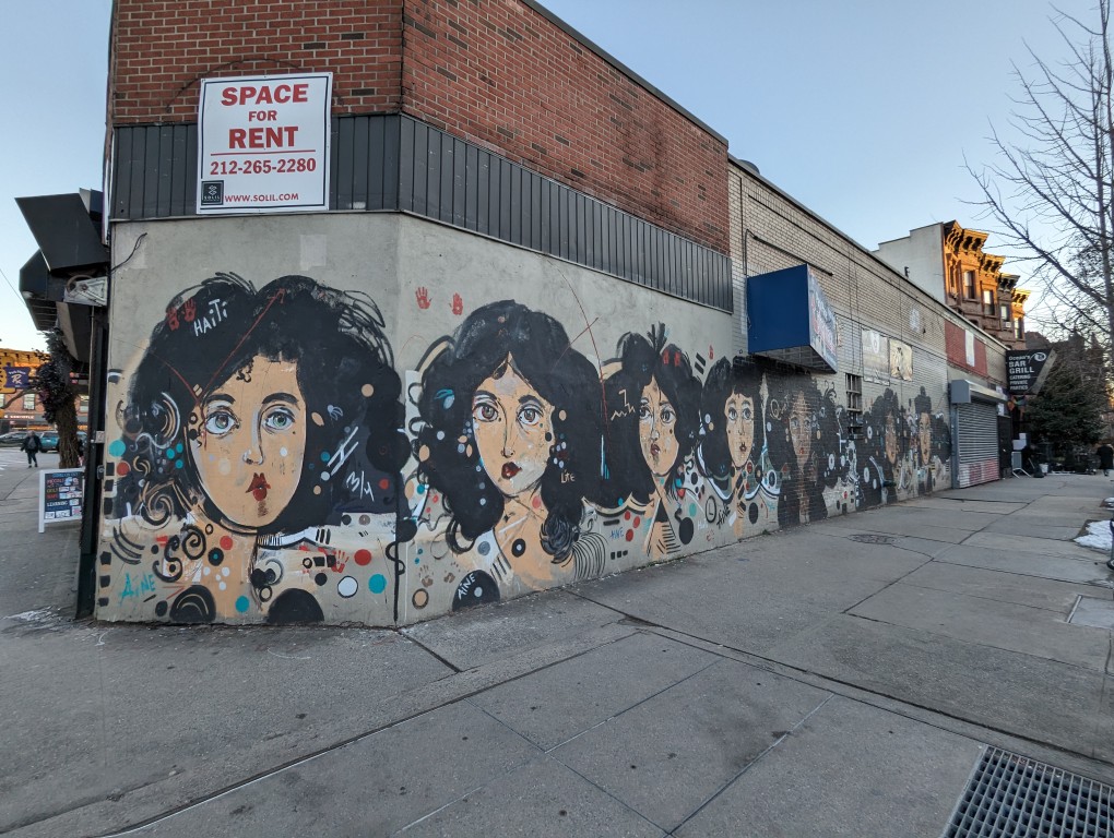 Street art mural of women by Alan Aine at the corner of Park Place and 7th Avenue in Brooklyn.