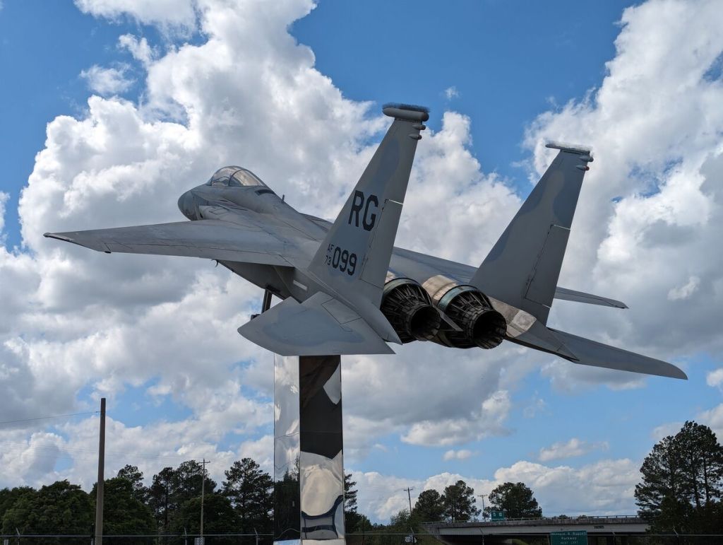 F-15 on pedestal in front, Museum of Aviation, Robins Air Force Base, Warner Robins, GA.