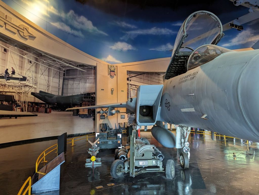 F-15 with wheels down on display in main building, Museum of Aviation, Robins Air Force Base, Warner Robins, GA.