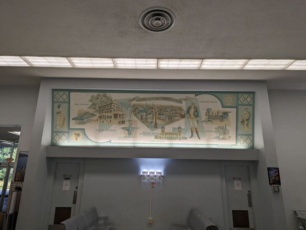 Two of two murals painted inside the Savannah Amtrak Station.