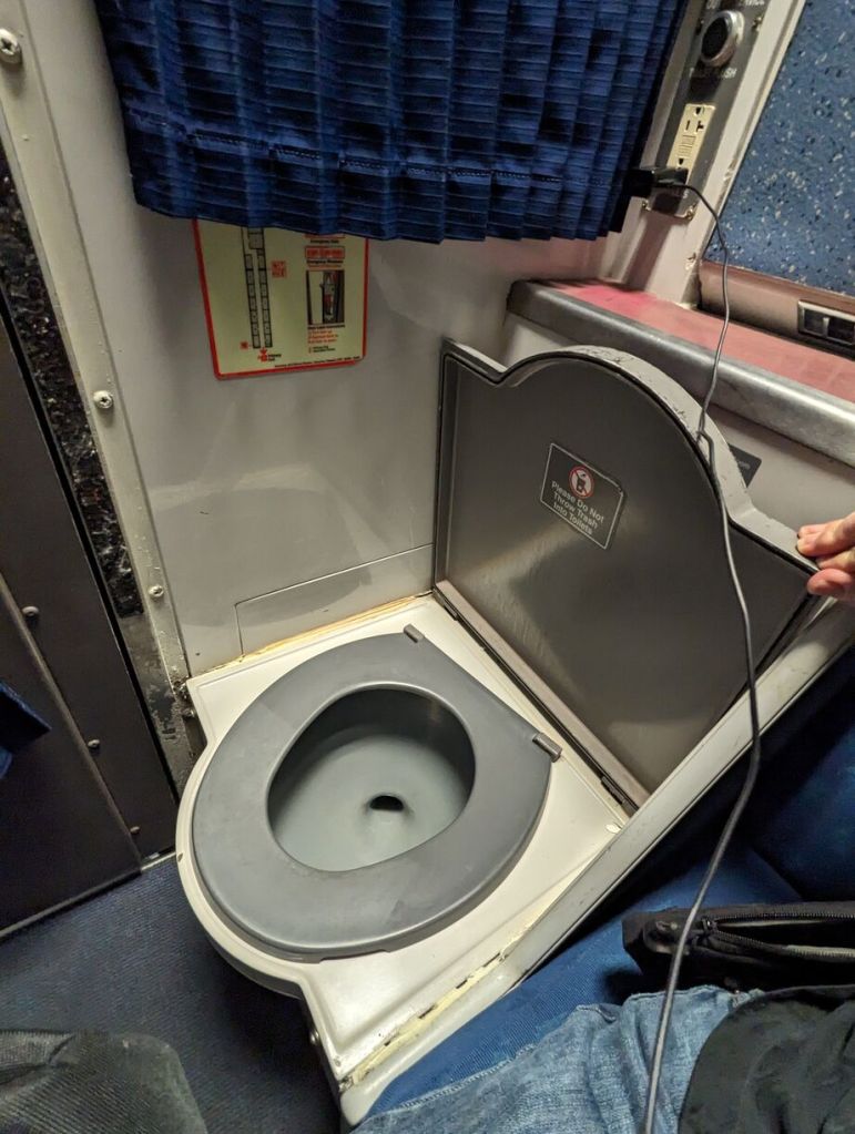 Amtrak Silver Meteor Train, Roomette toilet seat up, Savannah to Penn Station, NYC.