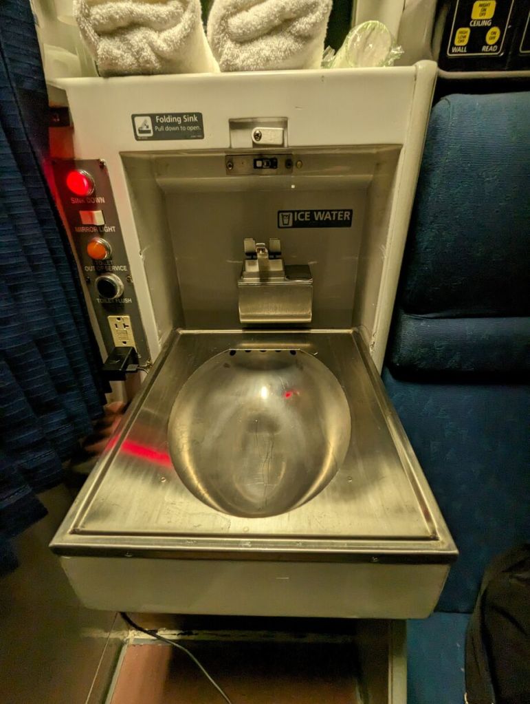 Amtrak Silver Meteor Train, Roomette sink folded down for use, Savannah to Penn Station, NYC.