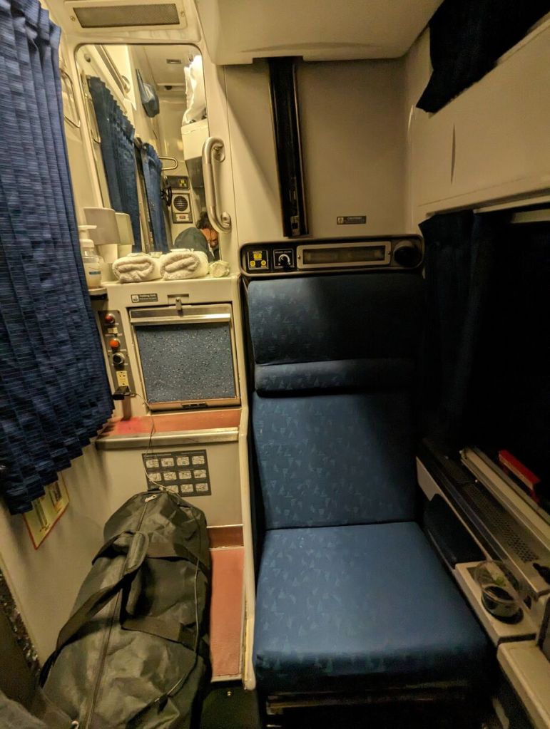Amtrak Silver Meteor Train, Roomette left side seat with toilet and sink, Savannah to Penn Station, NYC.