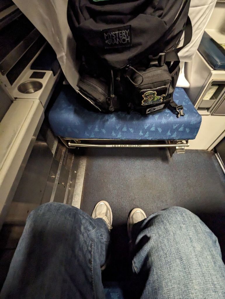 Amtrak Silver Meteor Train, Roomette leg room when sitting straight, Savannah to Penn Station, NYC.